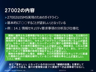 27002の内容
27002はISMS実現のためのガイドライン
基本的に「○○することが望ましい」となっている
例：14.1 情報セキュリティ要求事項の分析及び仕様化
2015/7/11Electronic Service Initiative, Ltd. 130
開発に適用される標準類が知られていない可能性がある場合、又は現行の
最適な慣行に整合していなかった場合には、新規開発する場合及びコードを
再利用する場合の両方に、セキュアプログラミング技術を用いることが望ま
しい。セキュリティに配慮したコーディングに関する標準類を考慮し、該当
する場合は、その使用を義務付けることが望ましい。開発者は、これらの標
準類の使用及び試験について訓練を受けることが望ましく、また、コードレ
ビューによって標準類の使用を検証することが望ましい。
開発を外部委託した場合、組織は、その外部関係者がセキュリティに配慮
した開発のための規則を順守していることの補償を得ることが望ましい。
（14.2.7参照）
全て「望ましい」となっているのはISMSは「継続的改善」を要求して
いるからである。個々の管理策は直ぐに実現すべき必須事項ではない。
 