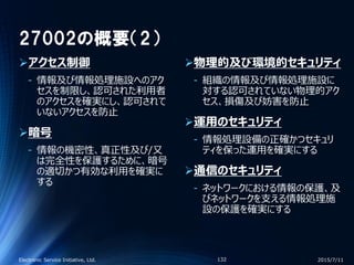 27002の概要（2）
アクセス制御
‐ 情報及び情報処理施設へのアク
セスを制限し、認可された利用者
のアクセスを確実にし、認可されて
いないアクセスを防止
暗号
‐ 情報の機密性、真正性及び/又
は完全性を保護するために、暗号
の適切かつ有効な利用を確実に
する
物理的及び環境的セキュリティ
‐ 組織の情報及び情報処理施設に
対する認可されていない物理的アク
セス、損傷及び妨害を防止
運用のセキュリティ
‐ 情報処理設備の正確かつセキュリ
ティを保った運用を確実にする
通信のセキュリティ
‐ ネットワークにおける情報の保護、及
びネットワークを支える情報処理施
設の保護を確実にする
2015/7/11Electronic Service Initiative, Ltd. 132
 