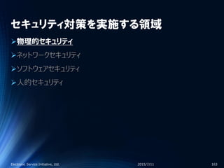 セキュリティ対策を実施する領域
物理的セキュリティ
ネットワークセキュリティ
ソフトウェアセキュリティ
人的セキュリティ
2015/7/11Electronic Service Initiative, Ltd. 163
 