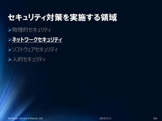 セキュリティ対策を実施する領域
物理的セキュリティ
ネットワークセキュリティ
ソフトウェアセキュリティ
人的セキュリティ
2015/7/11Electronic Service Initiative, Ltd. 166
 