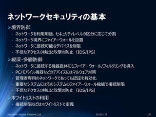ネットワークセキュリティの基本
境界防御
‐ ネットワークを利用用途、セキュリティレベルの区分に応じて分割
‐ ネットワーク境界にファイアーウォールを設置
‐ ネットワークに接続可能なデバイスを制限
‐ 不信なアクセスの検出と攻撃の防止（IDS/IPS）
縦深・多層防御
‐ ネットワークに接続する機器自体にもファイアーウォール/フィルタリングを導入
‐ PC/モバイル機器などのデバイスにはマルウェア対策
‐ 管理者専用のネットワークであっても認証を有効化
‐ 重要なシステムにはそのシステムのファイアーウォール機能で接続制限
‐ 不信なアクセスの検出と攻撃の防止（IDS/IPS）
ホワイトリストの利用
‐ 接続制限などはホワイトリストで定義
2015/7/11Electronic Service Initiative, Ltd. 167
 