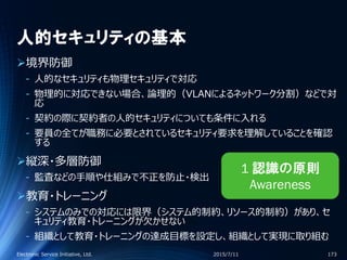 人的セキュリティの基本
境界防御
‐ 人的なセキュリティも物理セキュリティで対応
‐ 物理的に対応できない場合、論理的（VLANによるネットワーク分割）などで対
応
‐ 契約の際に契約者の人的セキュリティについても条件に入れる
‐ 要員の全てが職務に必要とされているセキュリティ要求を理解していることを確認
する
縦深・多層防御
‐ 監査などの手順や仕組みで不正を防止・検出
教育・トレーニング
‐ システムのみでの対応には限界（システム的制約、リソース的制約）があり、セ
キュリティ教育・トレーニングが欠かせない
‐ 組織として教育・トレーニングの達成目標を設定し、組織として実現に取り組む
2015/7/11Electronic Service Initiative, Ltd. 173
1 認識の原則
Awareness
 