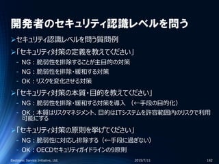 開発者のセキュリティ認識レベルを問う
セキュリティ認識レベルを問う質問例
「セキュリティ対策の定義を教えてください」
‐ NG：脆弱性を排除することが主目的の対策
‐ NG：脆弱性を排除・緩和する対策
‐ OK：リスクを変化させる対策
「セキュリティ対策の本質・目的を教えてください」
‐ NG：脆弱性を排除・緩和する対策を導入 （←手段の目的化）
‐ OK：本質はリスクマネジメント、目的はITシステムを許容範囲内のリスクで利用
可能にする
「セキュリティ対策の原則を挙げてください」
‐ NG：脆弱性に対応し排除する（←手段に過ぎない）
‐ OK：OECDセキュリティガイドラインの9原則
2015/7/11Electronic Service Initiative, Ltd. 182
 