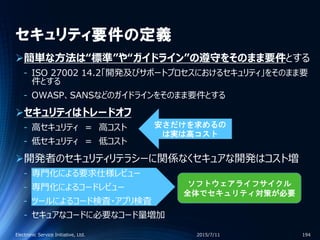セキュリティ要件の定義
簡単な方法は“標準”や“ガイドライン”の遵守をそのまま要件とする
‐ ISO 27002 14.2「開発及びサポートプロセスにおけるセキュリティ」をそのまま要
件とする
‐ OWASP、SANSなどのガイドラインをそのまま要件とする
セキュリティはトレードオフ
‐ 高セキュリティ ＝ 高コスト
‐ 低セキュリティ ＝ 低コスト
開発者のセキュリティリテラシーに関係なくセキュアな開発はコスト増
‐ 専門化による要求仕様レビュー
‐ 専門化によるコードレビュー
‐ ツールによるコード検査・アプリ検査
‐ セキュアなコードに必要なコード量増加
2015/7/11Electronic Service Initiative, Ltd. 194
ソフトウェアライフサイクル
全体でセキュリティ対策が必要
安さだけを求めるの
は実は高コスト
 