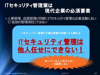 ITセキュリティ管理策は
現代企業の必須要素
人事管理、品質管理と同様にITセキュリティ管理は企業活動におい
て「追加の管理項目」ではない
2015/7/11Electronic Service Initiative, Ltd. 202
ITセキュリティ管理の不備は事業の存続にさえ関わる
ITセキュリティ管理は
他人任せにできない！
知っている人に任せておく、
は通用しない
 