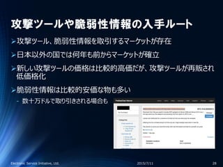 攻撃ツールや脆弱性情報の入手ルート
攻撃ツール、脆弱性情報を取引するマーケットが存在
日本以外の国では何年も前からマーケットが確立
新しい攻撃ツールの価格は比較的高価だが、攻撃ツールが再販され
低価格化
脆弱性情報は比較的安価な物も多い
‐ 数十万ドルで取り引きされる場合も
2015/7/11Electronic Service Initiative, Ltd. 28
 
