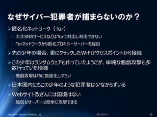 なぜサイバー犯罪者が捕まらないのか？
匿名化ネットワーク（Tor）
‐ 大手SNSサービスなどはTorに対応し利用できない
‐ Torネットワークから匿名プロキシーサーバーを経由
先の少年の場合、更にクラックしたWiFiアクセスポイントから接続
この少年はランサムウェアも作っていたようだが、単純な悪戯攻撃も多
数行っていた模様
‐ 悪戯攻撃は特に表面化しずらい
日本国内にもこの少年のような犯罪者は少なからずいる
Webサイト改ざんには国境はない
‐ 脆弱なサーバーは簡単に攻撃できる
2015/7/11Electronic Service Initiative, Ltd. 30
 
