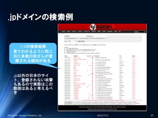 .jpドメインの検索例
2015/7/11Electronic Service Initiative, Ltd. 33
7/4の検索結果
見てわかるように同じ
日に多数の改ざんが登
録される傾向がある
.jp以外の日本のサイ
ト、登録されない攻撃
もあるので実態はこの
数倍はあると考えるべ
き
 