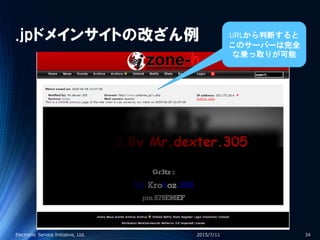 .jpドメインサイトの改ざん例
2015/7/11Electronic Service Initiative, Ltd. 34
URLから判断すると
このサーバーは完全
な乗っ取りが可能
 