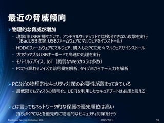最近の脅威傾向
物理的な脅威が増加
‐ 攻撃用USBを挿すだけで、アンチマルウェアソフトでは検出できない攻撃を実行
（BadUSB攻撃:USBファームウェアにマルウェアをインストール）
‐ HDDのファームウェアにマルウェア、購入したPCに元々マルウェアがインストール
‐ プログラマブルUSBキーボードで高速に処理を実行
‐ モバイルデバイス、IoT（脆弱なWebカメラは多数）
‐ PCから漏れるノイズで暗号鍵を解析、タイプ音からキー入力を解析
PCなどの物理的セキュリティ対策の必要性が高まってきている
‐ 最低限でもディスクの暗号化、UEFIを利用したセキュアブートは必須と言える
とは言ってもネットワーク的な保護の優先順位は高い
‐ 持ち歩くPCなどを優先的に物理的なセキュリティ対策を行う
2015/7/11Electronic Service Initiative, Ltd. 59
 