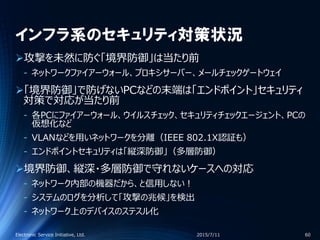 インフラ系のセキュリティ対策状況
攻撃を未然に防ぐ「境界防御」は当たり前
‐ ネットワークファイアーウォール、プロキシサーバー、メールチェックゲートウェイ
「境界防御」で防げないPCなどの末端は「エンドポイント」セキュリティ
対策で対応が当たり前
‐ 各PCにファイアーウォール、ウイルスチェック、セキュリティチェックエージェント、PCの
仮想化など
‐ VLANなどを用いネットワークを分離（IEEE 802.1X認証も）
‐ エンドポイントセキュリティは「縦深防御」（多層防御）
境界防御、縦深・多層防御で守れないケースへの対応
‐ ネットワーク内部の機器だから、と信用しない！
‐ システムのログを分析して「攻撃の兆候」を検出
‐ ネットワーク上のデバイスのステスル化
2015/7/11Electronic Service Initiative, Ltd. 60
 