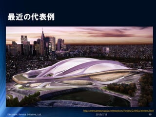 最近の代表例
2015/7/11Electronic Service Initiative, Ltd. 90
http://www.jpnsport.go.jp/newstadium/Portals/0/NNSJ/winners.html
 