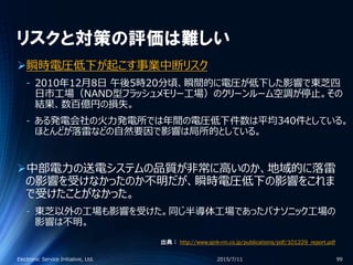 リスクと対策の評価は難しい
瞬時電圧低下が起こす事業中断リスク
‐ 2010年12月8日 午後5時20分頃、瞬間的に電圧が低下した影響で東芝四
日市工場（NAND型フラッシュメモリー工場）のクリーンルーム空調が停止。その
結果、数百億円の損失。
‐ ある発電会社の火力発電所では年間の電圧低下件数は平均340件としている。
ほとんどが落雷などの自然要因で影響は局所的としている。
中部電力の送電システムの品質が非常に高いのか、地域的に落雷
の影響を受けなかったのか不明だが、瞬時電圧低下の影響をこれま
で受けたことがなかった。
‐ 東芝以外の工場も影響を受けた。同じ半導体工場であったパナソニック工場の
影響は不明。
2015/7/11Electronic Service Initiative, Ltd. 99
出典： http://www.sjnk-rm.co.jp/publications/pdf/101229_report.pdf
 