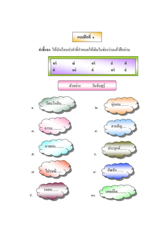 คําชีแจง ให้นักเรียนนําคําทีกําหนดให้เติมในช่องว่างแล้วฝึกอ่าน
๑. ๒.
๓. ๔.
๕. ๖.
๗. ๘.
๙. ๑๐.
ทร์ ณ์ ตร์ ย์ ต์
ต์ จน์ ต์ ทร์ ย์
แบบฝึกที ๑
รัตนโกสิน…. หุ่นยน.........
อารม........... สายสิญ.....
ภาพยน......... ประยุกต์........
ไปรษณี...... อัฒจัน……
รถยน....... เสพย์ติด..........
ตัวอย่าง วันจันทร์
 