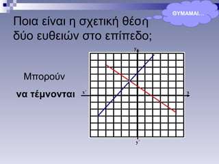 Ποια είναι η σχετική θέση
δύο ευθειών στο επίπεδο;
x
y΄
y
x΄
Μπορούν
να τέμνονται
ΘΥΜΑΜΑΙ…
 
