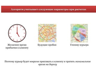 Алгоритм учитывает следующие параметры при расчетах
Геозону курьераЖелаемое время
прибытия к клиенту
Будущие пробки
Поэтому курьер будет вовремя приезжать к клиенту и тратить минимальное
время на дорогу
 