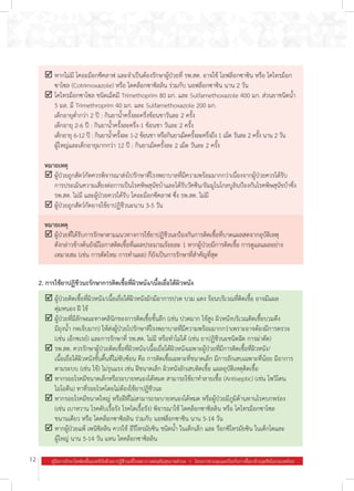 12 คู่มือการรักษาโรคติดเชื้อแบคทีเรียด้วยยาปฏิชีวนะที่โรงพยาบาลส่งเสริมสุขภาพตำ�บล  .  โครงการควบคุมและป้องกันการดื้อยาต้านจุลชีพในประเทศไทย
2. การใช้ยาปฏิชีวนะรักษาการติดเชื้อที่ผิวหนัง/เนื้อเยื่อใต้ผิวหนัง
þ	ผู้ป่วยติดเชื้อที่ผิวหนัง/เนื้อเยื่อใต้ผิวหนังมักมีอาการปวด บวม แดง ร้อนบริเวณที่ติดเชื้อ อาจมีแผล
ตุ่มหนอง ฝี ไข้
þ	ผู้ป่วยที่มีลักษณะทางคลินิกของการติดเชื้อชั้นลึก (เช่น ปวดมาก ไข้สูง ผิวหนังบริเวณติดเชื้อบวมตึง
มีถุงน�้ำ กดเจ็บมาก) ให้ส่งผู้ป่วยไปรักษาที่โรงพยาบาลที่มีความพร้อมมากกว่าเพราะอาจต้องมีการตรวจ
(เช่น เอ็กซเรย์) และการรักษาที่ รพ.สต. ไม่มี หรือท�ำไม่ได้ (เช่น ยาปฏิชีวนะชนิดฉีด การผ่าตัด)
þ	รพ.สต. ควรรักษาผู้ป่วยติดเชื้อที่ผิวหนัง/เนื้อเยื่อใต้ผิวหนังเฉพาะผู้ป่วยที่มีการติดเชื้อที่ผิวหนัง/
เนื้อเยื่อใต้ผิวหนังชั้นตื้นที่ไม่ซับซ้อน คือ การติดเชื้อเฉพาะที่ขนาดเล็ก มีการอักเสบเฉพาะที่น้อย มีอาการ
ตามระบบ (เช่น ไข้) ไม่รุนแรง เช่น ฝีขนาดเล็ก ผิวหนังอักเสบติดเชื้อ แผลอุบัติเหตุติดเชื้อ
þ	หากรอยโรคมีขนาดเล็กหรือระบายหนองได้หมด สามารถใช้ยาท�ำลายเชื้อ (Antiseptic) (เช่น โพวิโดน
ไอโอดีน) ทาที่รอยโรคโดยไม่ต้องใช้ยาปฏิชีวนะ
þ	หากรอยโรคมีขนาดใหญ่ หรือฝีที่ไม่สามารถระบายหนองได้หมด หรือผู้ป่วยมีภูมิต้านทานโรคบกพร่อง
(เช่น เบาหวาน โรคตับเรื้อรัง โรคไตเรื้อรัง) พิจารณาใช้ ไดคล็อกซาซิลลิน หรือ โคไทรม็อกซาโซล
ขนานเดียว หรือ ไดคล็อกซาซิลลิน ร่วมกับ นอฟล็อกซาซิน นาน 5-14 วัน
þ	หากผู้ป่วยแพ้ เพนิซิลลิน ควรใช้ อีรีโทรมัยซิน ชนิดน�้ำ ในเด็กเล็ก และ ร็อกซิโทรมัยซิน ในเด็กโตและ
ผู้ใหญ่ นาน 5-14 วัน แทน ไดคล็อกซาซิลลิน
þ	หากไม่มี โคอะม็อกซีคลาฟ และจ�ำเป็นต้องรักษาผู้ป่วยที่ รพ.สต. อาจใช้ โอฟล็อกซาซิน หรือ โคไทรม็อก
ซาโซล (Cotrimoxazole) หรือ ไดคล็อกซาซิลลิน ร่วมกับ นอฟล็อกซาซิน นาน 2 วัน  
þ	โคไทรม็อกซาโซล ชนิดเม็ดมี Trimethoprim 80 มก. และ Sulfamethoxazole 400 มก. ส่วนยาชนิดน�้ำ 
5 มล. มี Trimethroprim 40 มก. และ Sulfamethoxazole 200 มก.   
	 เด็กอายุต�่ำกว่า 2 ปี : กินยาน�้ำครั้งละครึ่งช้อนชาวันละ 2 ครั้ง                                                        
	 เด็กอายุ 2-6 ปี : กินยาน�้ำครั้งละครึ่ง-1 ช้อนชา วันละ 2 ครั้ง
	 เด็กอายุ 6-12 ปี : กินยาน�้ำครั้งละ 1-2 ช้อนชา หรือกินยาเม็ดครั้งละครึ่งถึง 1 เม็ด วันละ 2 ครั้ง นาน 2 วัน  
	 ผู้ใหญ่และเด็กอายุมากกว่า 12 ปี : กินยาเม็ดครั้งละ 2 เม็ด วันละ 2 ครั้ง
หมายเหตุ
þ	ผู้ป่วยถูกสัตว์กัดควรพิจารณาส่งไปรักษาที่โรงพยาบาลที่มีความพร้อมมากกว่าเนื่องจากผู้ป่วยควรได้รับ
การประเมินความเสี่ยงต่อการเป็นโรคพิษสุนัขบ้าและได้รับวัคซีน/อิมมูโนโกลบูลินป้องกันโรคพิษสุนัขบ้าซึ่ง
รพ.สต. ไม่มี และผู้ป่วยควรได้รับ โคอะม็อกซีคลาฟ ซึ่ง รพ.สต. ไม่มี
þ	ผู้ป่วยถูกสัตว์กัดอาจใช้ยาปฏิชีวนะนาน 3-5 วัน
หมายเหตุ
þ	ผู้ป่วยที่ได้รับการรักษาตามแนวทางการใช้ยาปฏิชีวนะป้องกันการติดเชื้อที่บาดแผลสดจากอุบัติเหตุ
ดังกล่าวข้างต้นยังมีโอกาสติดเชื้อที่แผลประมาณร้อยละ 1 หากผู้ป่วยมีการติดเชื้อ การดูแลแผลอย่าง
เหมาะสม (เช่น การตัดไหม การท�ำแผล) ก็ยังเป็นการรักษาที่ส�ำคัญที่สุด
 