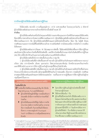 โครงการควบคุมและป้องกันการดื้อยาต้านจุลชีพในประเทศไทย  .  คู่มือการรักษาโรคติดเชื้อแบคทีเรียด้วยยาปฏิชีวนะที่โรงพยาบาลส่งเสริมสุขภาพตำ�บล 15
การรักษาผู้ป่วยไข้เฉียบพลันด้วยยาปฏิชีวนะ
สาเหตุของไข้เฉียบพลันและลักษณะทางคลินิก แนวทางการปฏิบัติและการใช้ยาปฏิชีวนะ
โรคติดเชื้อไวรัส
þ	โรคติดเชื้อไวรัสที่พบบ่อยและส�ำคัญ คือ ไข้หวัด
ใหญ่ (Influenza, Flu) และไข้เลือดออก
	}	ผู้ป่วยไข้หวัดใหญ่มักมีไข้สูง ปวดเมื่อยตัวมาก 	
	 อ่อนเพลีย มักมีอาการหวัดน�ำมาก่อนหรือมี		
	 ร่วมด้วย
	 }	ผู้ป่วยไข้เลือดออกมักมีไข้สูง ไม่มีอาการหวัด	
	 น�ำมาก่อน ไม่มีอาการหวัดร่วมด้วย อาจปวด	
	 ท้อง ปวดเมื่อยตัว กินยาลดไข้แล้วไข้ลดลง
	 ชั่วคราว การตรวจทูนิเกท์ (Touniquet 	 	
	 Test)* อาจให้ผลบวก อาจมีจุดเลือดออกตาม	
	 ผิวหนัง
}	ไม่ควรใช้ยาปฏิชีวนะในผู้ป่วยโรคติดเชื้อไวรัสที่
รักษาแบบผู้ป่วยนอก
}	ไข้มักหายได้เองใน 7 วัน
}	ผู้ป่วยที่ไม่มีโรคประจ�ำตัว มีไข้เฉียบพลัน อาการ
ไม่รุนแรง ไม่น่าจะเป็นมาลาเรีย และสามารถกลับมา
ติดตามผลการรักษาได้ ไม่ควรให้ยาปฏิชีวนะ ควรให้
การรักษาตามอาการด้วยยาลดไข้ (พาราเซตามอล)
ผู้ป่วยเหล่านี้มักมีไข้ 3-7 วันแล้วหายได้เอง หาก
ผู้ป่วยยังมีไข้หลัง 7 วัน หรือมีอาการเลวลง ให้
กลับมาตรวจใหม่ ซึ่งผู้ป่วยเหล่านี้ควรส่งไปตรวจ
รักษาที่โรงพยาบาลที่มีความพร้อมมากกว่า
*	
การตรวจทูนิเกท์ (Touniquet Test) ช่วยวินิจฉัยโรคไข้เลือดออกระยะเริ่มแรกได้ ท�ำโดยใช้เครื่องวัดความดันโลหิตวัดความดันโลหิตค่าบน
(Systolic Pressure) และความดันโลหิตค่าล่าง (Diastolic Pressure) แล้วจึงบีบลูกยางให้ความดันอยู่ตรงกลางระหว่างความดันโลหิตค่าบนและ
ความดันโลหิตค่าล่าง รัดค้างไว้ 5 นาที คลายความดัน รอ 1 นาที แล้วสังเกตผิวหนังบริเวณต�่ำกว่าสายรัด (ข้อพับ) ถ้าพบจุดเลือดออกใต้ผิวหนัง
มากกว่า 10 จุดใน 1 ตารางนิ้ว แสดงว่าการตรวจให้ผลบวก ซึ่งชี้แนะว่าผู้ป่วยอาจเป็นไข้เลือดออก
	 ไข้เฉียบพลัน หมายถึง ภาวะที่อุณหภูมิกาย >37.8 องศาเซลเซียส ในระยะเวลาไม่เกิน 2 สัปดาห์
ผู้ป่วยไข้เฉียบพลันส่วนมากสามารถรักษาหรือรักษาเบื้องต้นที่ รพ.สต. ได้
ค�ำเตือน
	 ผู้ป่วยไข้เฉียบพลันส่วนหนึ่งเป็นโรครุนแรงหรือมีภาวะแทรกซ้อนรุนแรงจากโรคที่เป็นสาเหตุของไข้เฉียบพลัน
ซึ่งควรได้รับการตรวจรักษาจากโรงพยาบาลที่มีความพร้อมมากกว่า ผู้ป่วยไข้เฉียบพลันที่ควรส่งไปตรวจรักษาที่โรงพยาบาล
ที่มีความพร้อมมากกว่า คือ ผู้ป่วยไข้เฉียบพลันที่มีลักษณะทางคลินิกต่อไปนี้ร่วมด้วย ได้แก่ ซึม ไม่รู้สติ สับสน
ปวดศีรษะมากและอาการปวดไม่ดีขึ้นหลังได้รับยาแก้ปวด ความดันโลหิตต�่ำ หายใจหอบเหนื่อย หายใจล�ำบาก ตาเหลือง
มีเลือดออก
	 ผู้ป่วยไข้เฉียบพลันมากกว่าร้อยละ 90 มีสาเหตุจากการติดเชื้อ ไข้เฉียบพลันไม่ใช่ข้อบ่งชี้ของการใช้ยาปฏิชีวนะ
เสมอไปเพราะไข้อาจเกิดจากโรคอื่นที่ไม่ใช่โรคติดเชื้อ และไข้จากโรคติดเชื้อจ�ำนวนมากไม่จ�ำเป็นต้องได้รับยาปฏิชีวนะ
(เช่น ไข้จากเชื้อไวรัส ไข้ร่วมกับอุจจาระร่วงเฉียบพลันจากแบคทีเรียที่หายได้เอง)
	 ผู้ป่วยไข้เฉียบพลันที่เกิดจากการติดเชื้อจ�ำแนกเป็น 2 กลุ่ม คือ
	 1. ผู้ป่วยไข้เฉียบพลันที่มีการติดเชื้อเฉพาะที่ หมายถึง ผู้ป่วยมีไข้ร่วมกับลักษณะทางคลินิกของบางระบบ/
อวัยวะ (เช่น อาการโรคหวัด เจ็บคอ อุจจาระร่วง ปัสสาวะบ่อย/แสบ/ขัด/ขุ่น ผิวหนังบวม/แดง/ร้อน/กดเจ็บ
แผล/ฝีที่ผิวหนัง) แนวทางการใช้ยาปฏิชีวนะในผู้ป่วยกลุ่มนี้ได้ระบุไว้แล้วข้างต้น
	 2. ผู้ป่วยไข้เฉียบพลันที่มีการติดเชื้อตามระบบ หมายถึง ผู้ป่วยมีไข้ร่วมกับลักษณะทางคลินิกทั่วไปที่ไม่จ�ำเพาะ
กับระบบ/อวัยวะใดระบบ/อวัยวะหนึ่ง ผู้ป่วยกลุ่มนี้มักมีไข้ร่วมกับอาการอ่อนเพลีย เบื่ออาหาร ปวดเมื่อยตัว ปวดศีรษะ
สาเหตุของไข้เฉียบพลันและลักษณะทางคลินิกของแต่ละโรค รวมทั้งแนวทางการปฏิบัติและการใช้ยาปฏิชีวนะในผู้ป่วย
กลุ่มนี้แสดงไว้ในตาราง
 