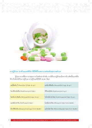 2 คู่มือการรักษาโรคติดเชื้อแบคทีเรียด้วยยาปฏิชีวนะที่โรงพยาบาลส่งเสริมสุขภาพตำ�บล  .  โครงการควบคุมและป้องกันการดื้อยาต้านจุลชีพในประเทศไทย
ยาปฏิชีวนะ (ยาต้านแบคทีเรีย) ที่มีใช้ที่โรงพยาบาลส่งเสริมสุขภาพต�ำบล
	 ผู้ป่วยบางรายที่มีอาการ/กลุ่มอาการ/โรคดังกล่าวข้างต้น ควรได้รับยาปฏิชีวนะเนื่องจากมีการติดเชื้อแบคทีเรีย
ที่จ�ำเป็นต้องได้รับยาปฏิชีวนะ ยาปฏิชีวนะที่มีใช้ที่ รพ.สต. ได้แก่  
เพนิซิลลิน วี (Penicillin V) (tab. & syr.) อะม็อกซีซิลลิน (Amoxicillin) (cap. & syr.)
ร็อกซิโทรมัยซิน (Roxithromycin) (tab.) อีรีโทรมัยซิน (Erythromycin) (syr.)
ไดคล็อกซาซิลลิน (Dicloxacillin) (cap. & syr.) โคไทรม็อกซาโซล (Cotrimoxazole) (tab. & syr.)
นอฟล็อกซาซิน (Norfloxacin) (tab.) โอฟล็อกซาซิน (Ofloxacin) (tab.) (บาง รพ.สต.)
ด็อกซีซัยคลิน (Doxycycline) (cap.) (บาง รพ.สต.) เมโทรนิดาโซล (Metronidazole) (tab.) (บาง รพ.สต.)
 