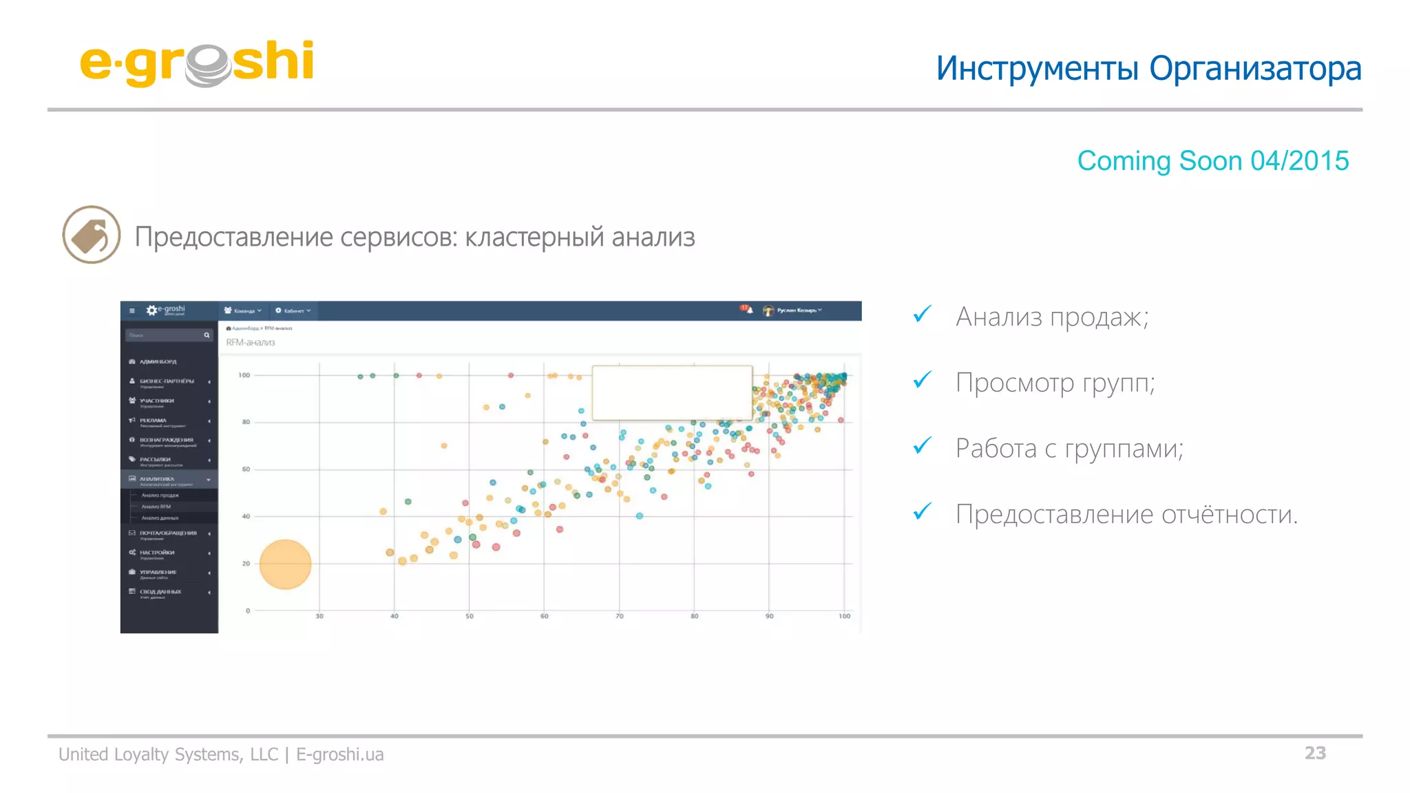 23United Loyalty Systems, LLC | E-groshi.ua
Инструменты Организатора
Предоставление сервисов: кластерный анализ
Coming Soon 04/2015
 Анализ продаж;
 Просмотр групп;
 Работа с группами;
 Предоставление отчётности.
 