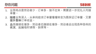 存在问题
1. 业务特点是劳动者少，订单多，接不过来。需要进一步优化人均接
单量。
2. 随着业务深入，从单纯追求订单量慢慢转变为既保证订单量，又要
提升整体订单收益。
3. 品类继续在增多，劳动者也继续在增多，劳动者会出现各种各样的
状况，比如临时请假、缺席等。
 
