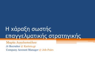 Η χάραξη σωστής
επαγγελματικής στρατηγικής
Μαρία Αγγελοπούλου
Jr Recruiter @ Kariera.gr
Company Account Manager @ Job-Pairs
 