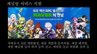 서버유지, iOS 개발환경, 애플 개발자 등록비용, 게임 제작업,
게임 배급업 등의 허가 등록 신고, 게임물 등급 위원회 심의 등
채널링 서비스 지원
 