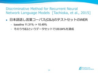 Discriminative  Method  for  Recurrent  Neural  
Network  Language  Models    [Tachioka,  et  al.,  2015]
l  ⽇日本語話し⾔言葉葉コーパス(CSJ)のテストセットのWER
-  baseline 11.31% -> 10.49%
-  そのうちE2というデータセットでは9.84%を達成
14
 