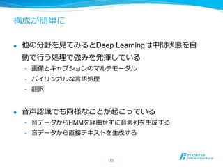 構成が簡単に
l  他の分野を⾒見見てみるとDeep Learningは中間状態を⾃自
動で⾏行行う処理理で強みを発揮している
-  画像とキャプションのマルチモーダル
-  バイリンガルな⾔言語処理理
-  翻訳
l  ⾳音声認識識でも同様なことが起こっている
-  ⾳音データからHMMを経由せずに⾳音素列列を⽣生成する
-  ⾳音データから直接テキストを⽣生成する
15
 