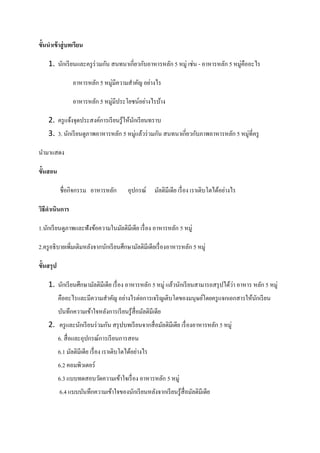 ขั้นนาเข้าสู่บทเรียน
1. นักเรียนและครูร่วมกัน สนทนาเกี่ยวกับอาหารหลัก 5 หมู่ เช่น - อาหารหลัก 5 หมู่คืออะไร
อาหารหลัก 5 หมู่มีความสาคัญ อย่างไร
อาหารหลัก 5 หมู่มีประโยชน์อย่างไรบ้าง
2. ครูแจ้งจุดประสงค์การเรียนรู้ให้นักเรียนทราบ
3. 3. นักเรียนดูภาพอาหารหลัก 5 หมู่แล้วร่วมกัน สนทนาเกี่ยวกับภาพอาหารหลัก 5 หมู่ที่ครู
นามาแสดง
ขั้นสอน
ชื่อกิจกรรม อาหารหลัก อุปกรณ์ มัลติมีเดีย เรื่อง เราเติบโตได้อย่างไร
วิธีดาเนินการ
1.นักเรียนดูภาพและฟังข้อความในมัลติมีเดีย เรื่อง อาหารหลัก 5 หมู่
2.ครูอธิบายเพิ่มเติมหลังจากนักเรียนศึกษามัลติมีเดียเรื่องอาหารหลัก 5 หมู่
ขั้นสรุป
1. นักเรียนศึกษามัลติมีเดีย เรื่อง อาหารหลัก 5 หมู่ แล้วนักเรียนสามารถสรุปได้ว่า อาหาร หลัก 5 หมู่
คืออะไรและมีความสาคัญ อย่างไรต่อการเจริญเติบโตของมนุษย์โดยครูแจกเอกสารให้นักเรียน
บันทึกความเข้าใจหลังการเรียนรู้สื่อมัลติมีเดีย
2. ครูและนักเรียนร่วมกัน สรุปบทเรียนจากสื่อมัลติมีเดีย เรื่องอาหารหลัก 5 หมู่
6. สื่อและอุปกรณ์การเรียนการสอน
6.1 มัลติมีเดีย เรื่อง เราเติบโตได้อย่างไร
6.2 คอมพิวเตอร์
6.3 แบบทดสอบวัดความเข้าใจเรื่อง อาหารหลัก 5 หมู่
6.4 แบบบันทึกความเข้าใจของนักเรียนหลังจากเรียนรู้สื่อมัลติมีเดีย
 