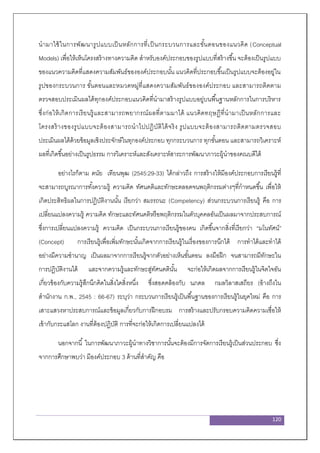 120
นามาใช้ในการพัฒนารูปแบบเป็นหลักการที่เป็นกระบวนการและขั้นตอนของแนวคิด (Conceptual
Models) เพื่อให้เห็นโครงสร้างทางความคิด สาหรับองค์ประกอบของรูปแบบที่สร้างขึ้น จะต้องเป็นรูปแบบ
ของแนวความคิดที่แสดงความสัมพันธ์ขององค์ประกอบนั้น แนวคิดที่ประกอบขึ้นเป็นรูปแบบจะต้องอยู่ใน
รูปของกระบวนการ ขั้นตอนและหมวดหมู่ที่แสดงความสัมพันธ์ขององค์ประกอบ และสามารถติดตาม
ตรวจสอบประเมินผลได้ทุกองค์ประกอบแนวคิดที่นามาสร้างรูปแบบอยู่บนพื้นฐานหลักการในการบริหาร
ซึ่งก่อให้เกิดการเรียนรู้และสามารถพยากรณ์ผลที่ตามมาได้ แนวคิดทฤษฏีที่นามาเป็นหลักการและ
โครงสร้างของรูปแบบจะต้องสามารถนาไปปฎิบัติได้จริง รูปแบบจะต้องสามารถติดตามตรวจสอบ
ประเมินผลได้ด้วยข้อมูลเชิงประจักษ์ในทุกองค์ประกอบ ทุกกระบวนการ ทุกขั้นตอน และสามารถวิเคราะห์
ผลที่เกิดขึ้นอย่างเป็นรูปธรรม การวิเคราะห์และสังเคราะห์สาระการพัฒนาภาวะผู้นาของคณบดีได้
อย่างไรก็ตาม ดนัย เทียนพุฒ (2545:29-33) ได้กล่าวถึง การสร้างให้มีองค์ประกอบการเรียนรู้ที่
จะสามารถบูรณาการทั้งความรู้ ความคิด ทัศนคติและทักษะตลอดจนพฤติกรรมต่างๆที่กาหนดขึ้น เพื่อให้
เกิดประสิทธิผลในการปฏิบัติงานนั้น เรียกว่า สมรรถนะ (Competency) ส่วนกระบวนการเรียนรู้ คือ การ
เปลี่ยนแปลงความรู้ ความคิด ทักษะและทัศนคติหรือพฤติกรรมในตัวบุคคลอันเป็นผลมาจากประสบการณ์
ซึ่งการเปลี่ยนแปลงความรู้ ความคิด เป็นกระบวนการเรียนรู้ของคน เกิดขึ้นจากสิ่งที่เรียกว่า “มโนทัศน์”
(Concept) การเรียนรู้เพื่อเพิ่มทักษะนั้นเกิดจากการเรียนรู้ในเรื่องของการนึกได้ การทาได้และทาได้
อย่างมีความชานาญ เป็นผลมาจากการเรียนรู้จากตัวอย่างเห็นขั้นตอน ลงมือฝึก จนสามารถมีทักษะใน
การปฏิบัติงานได้ และจากความรู้และทักษะสู่ทัศนคตินั้น จะก่อให้เกิดผลจากการเรียนรู้ในจิตใจอัน
เกี่ยวข้องกับความรู้สึกนึกคิดในสิ่งใดสิ่งหนึ่ง ซึ่งสอดคล้องกับ นภดล กมลวิลาสเสถียร (อ้างถึงใน
สานักงาน ก.พ., 2545 : 66-67) ระบุว่า กระบวนการเรียนรู้เป็นพื้นฐานของการเรียนรู้ในยุคใหม่ คือ การ
เสาะแสวงหาประสบการณ์และข้อมูลเกี่ยวกับการฝึกอบรม การสร้างและปรับกรอบความคิดความเชื่อให้
เข้ากับกระแสโลก งานที่ต้องปฏิบัติ การที่จะก่อให้เกิดการเปลี่ยนแปลงได้
นอกจากนี้ ในการพัฒนาภาวะผู้นาทางวิชาการนั้นจะต้องมีการจัดการเรียนรู้เป็นส่วนประกอบ ซึ่ง
จากการศึกษาพบว่า มีองค์ประกอบ 3 ด้านที่สาคัญ คือ
 