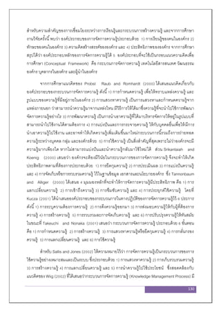 130
สาหรับความสาคัญของการเชื่อมโยงระหว่างการเรียนรู้และกระบวนการสร้างความรู้ และจากการศึกษา
งานวิจัยครั้งนี้พบว่า องค์ประกอบของการจัดการความรู้ประกอบด้วย 1) การเรียนรู้ของคนในองค์กร 2)
ทักษะของคนในองค์กร 3) ความคิดสร้างสรรค์ขององค์กร และ 4) ประสิทธิภาพขององค์กร จากการศึกษา
สรุปได้ว่า องค์ประกอบหลักของการจัดการความรู้ได้ 5 องค์ประกอบที่จะใช้เป็นกรอบแนวความคิดเพื่อ
การศึกษา (Conceptual Framework) คือ กระบวนการจัดการความรู้ เทคโนโลยีสารสนเทศ วัฒนธรรม
องค์กร บุคลากรในองค์กร และผู้นาในองค์กร
จากการศึกษาแนวคิดของ Probst Raub and Romhardt (2000) ได้เสนอแนวคิดเกี่ยวกับ
องค์ประกอบของกระบวนการจัดการความรู้ ดังนี้1) การกาหนดความรู้ เพื่อให้ทราบแหล่งความรู้ และ
รูปแบบของความรู้ที่มีอยู่ภายในองค์กร 2) การแสวงหาความรู้ เป็นการแสวงหาและกาหนดความรู้จาก
แหล่งภายนอก ว่าสามารถนาความรู้มาจากแหล่งไหน มีวิธีการให้ได้มาซึ่งความรู้ที่จะนาไปใช้การพัฒนา
จัดการความรู้อย่างไร 3) การพัฒนาความรู้ เป็นการนาเอาความรู้ที่ได้มาบริหารจัดการให้อยู่ในรูปแบบที่
สามารถนาไปใช้งานได้ตามต้องการ 4) การแบ่งปันและการกระจายความรู้ ให้กับบุคคลอื่นเพื่อให้มีการ
นาเอาความรู้ไปใช้งาน และอาจทาให้เกิดความรู้เพิ่มเติมขึ้นมาใหม่กระบวนการนี้รวมถึงการถ่ายทอด
ความรู้ระหว่างบุคคล กลุ่ม และองค์กรด้วย 5) การใช้ความรู้ เป็นสิ่งสาคัญที่สุดเพราะไม่ว่าองค์กรจะมี
ความรู้มากเพียงใด หากไม่สามารถแบ่งปันและนาความรู้กลับมาใช้ใหม่ได้ ส่วน Srikantaiah and
Koenig (2000) เสนอว่า องค์กรจะต้องมีวินัยในกระบวนการของการจัดการความรู้ จึงจะทาให้เกิด
ประสิทธิภาพตามที่ต้องการประกอบด้วย 1) การยึดกุมความรู้ 2) การประเมินผล 3) การแบ่งปันความรู้
และ 4) การจัดเก็บหรือการรวบรวมความรู้ ไว้ในฐานข้อมูล เอกสารและนโยบายองค์กร ซึ่ง Tannonbaum
and Alliger (2000) ได้เสนอ 4 มุมมองหลักที่จะทาให้การจัดการความรู้มีประสิทธิภาพ คือ 1) การ
แลกเปลี่ยนความรู้ 2) การเข้าถึงความรู้ 3) การซึมซับความรู้ และ 4) การประยุกต์ใช้ความรู้ โดยที่
Kucza (2001) ได้นาเสนอองค์ประกอบของกระบวนการในทางปฏิบัติของการจัดการความรู้ไว้ 6 ประการ
ดังนี้1) การระบุความต้องการความรู้ 2) การดึงความรู้ออกมา 3) การส่งมอบความรู้ให้กับผู้ที่ต้องการ
ความรู้ 4) การสร้างความรู้ 5) การรวบรวมละการจัดเก็บความรู้ และ 6) การปรับปรุงความรู้ให้ทันสมัย
ในขณะที่ Takeuchi and Nonaka (2001) เสนอว่า กระบวนการจัดการความรู้ ประกอบด้วย 6 ขั้นตอน
คือ 1) การกาหนดความรู้ 2) การสร้างความรู้ 3) การแสวงหาความรู้หรือยึดกุมความรู้ 4) การกลั่นกรอง
ความรู้ 5) การแลกเปลี่ยนความรู้ และ 6) การใช้ความรู้
สาหรับ Sallis and Jones (2002) ให้ความหมายไว้ว่า การจัดการความรู้เป็นกระบวนการของการ
ใช้ความรู้อย่างเหมาะสมและเป็นระบบ ซึ่งประกอบด้วย 1) การแสวงหาความรู้ 2) การเก็บรวบรวมความรู้
3) การสร้างความรู้ 4) การแลกเปลี่ยนความรู้ และ 5) การนาความรู้ไปใช้ประโยชน์ ซึ่งสอดคล้องกับ
แนวคิดของ Wiig (2002) ที่ได้เสนอว่ากระบวนการจัดการความรู้ (Knowledge Management Process) มี
 