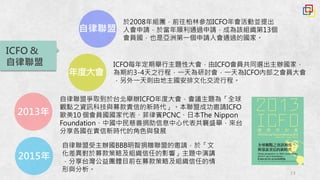 13
ICFO &
自律聯盟
自律聯盟
年度大會
於2008年組團，前往柏林參加ICFO年會活動並提出
入會申請，於當年順利通過申請，成為該組織第13個
會員國，也是亞洲第一個申請入會通過的國家。
自律聯盟爭取到於台北舉辦ICFO年度大會，會議主題為「全球
觀點之資訊科技與募款責信的新時代」。本聯盟成功邀請ICFO
歐美10 個會員國國家代表、菲律賓PCNC、日本The Nippon
Foundation、中國中民慈善捐助信息中心代表共襄盛舉，來台
分享各國在責信新時代的角色與發展
ICFO每年定期舉行主題性大會，由ICFO會員共同選出主辦國家，
為期約3-4天之行程，一天為研討會，一天為ICFO內部之會員大會
，另外一天則由地主國安排文化交流行程。
2013年
2015年
自律聯盟受主辦國BBB明智捐贈聯盟的邀請，於「文
化差異對於募款策略及組織信任的影響」主題中演講
，分享台灣公益團體目前在募款策略及組織信任的情
形與分析。
 
