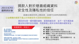 17
2015 ICFO
國際研討會
資訊安全是一個持續的過程，當漏洞產生時，並不一定代表該組
織沒有合理的安全措施，而是事實上根本沒有所謂的絕對安全。
捐款人對於慈善組織資料
安全性及隱私性的信任
組織應該：
n 保護所謂敏感的個人資訊
n 教育可以取得需要被保護資訊的員工
n 檢閱並了解在資料搜集階段所呈現給捐款
人及利益相關人的資訊
n 建立一個回應團隊，遇到相關事件時，能
即時並且準確處理。
組織在資訊利用上需自律，並遵守法律和相關規則。
公益團體的義務不僅止於保護信用卡及其他財務資訊。
美國案例：明信片
 