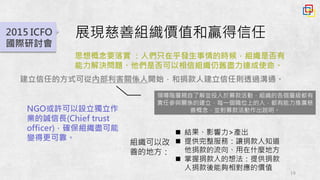 19
2015 ICFO
國際研討會
建立信任的方式可從內部利害關係人開始，和捐款人建立信任則透過溝通。
展現慈善組織價值和贏得信任
思想概念要落實 ：人們只在乎發生事情的時候，組織是否有
能力解決問題、他們是否可以相信組織仍舊盡力達成使命。
NGO或許可以設立獨立作
業的誠信長(Chief trust
officer)，確保組織盡可能
變得更可靠。
n 結果、影響力>產出
n 提供完整服務：讓捐款人知道
他捐款的流向、用在什麼地方
n 掌握捐款人的想法：提供捐款
人捐款後能夠相對應的價值
領導階層親自了解並投入於募款活動，組織的各個層級都有
責任參與關係的建立，每一個職位上的人，都有能力推廣慈
善概念，並對募款活動作出說明。
組織可以改
善的地方：
 