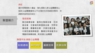 發起組織
聯合勸募協會、喜瑪拉雅基金會、亞洲
基金會、兒童福利聯盟基金會、荒野保
護協會、勵馨基金會、洪健全基金會、
中華民國殘障聯盟、醫療改革協會及台
灣藝術推廣協會…等30個公益團體
聯盟宗旨:推動公益團體
財務透明財務透明 募款誠信募款誠信 服務效率服務效率 良善治理良善治理
聯盟簡介
源起
基於保障捐款人權益、強化捐款人對公益團體信心，
協助公益團體擁有公平合理的生存發展空間而，於
2005年10月21日成立。
 