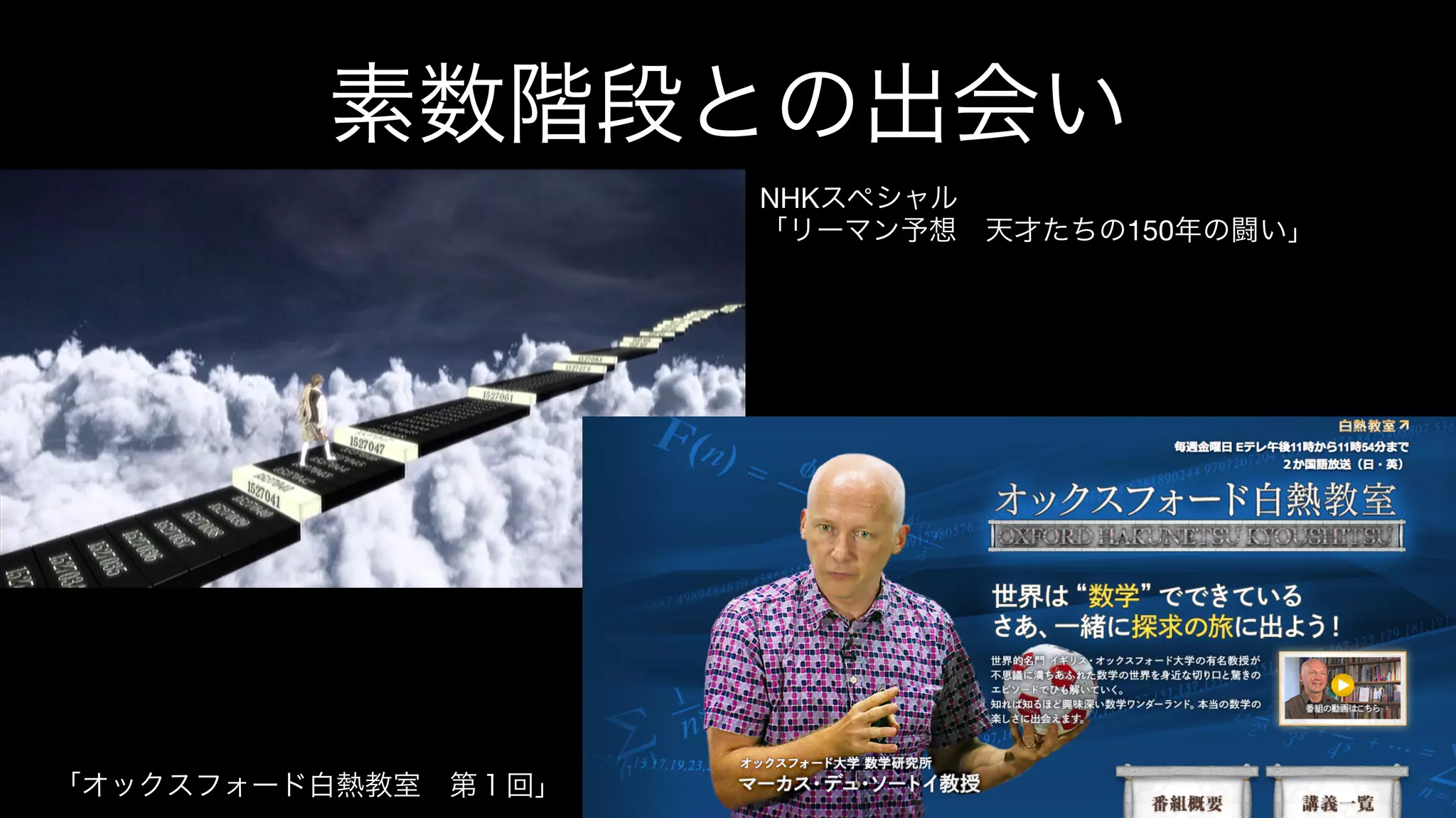 素数階段との出会い
NHKスペシャル
「リーマン予想 天才たちの150年の闘い」
「オックスフォード白熱教室 第１回」
 