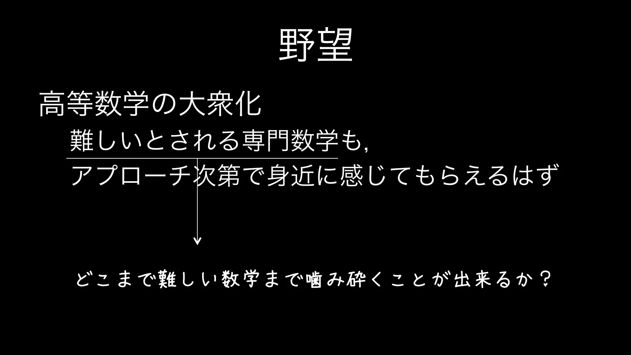 野望
高等数学の大衆化
難しいとされる専門数学も，
アプローチ次第で身近に感じてもらえるはず
どこまで難しい数学まで噛み砕くことが出来るか？
 