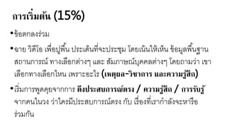 การเริ่มต้น (15%)
•ขหอตกลงร่วย
•ฉา วิดีโอ เพื่อปูพื้น ประเด็นที่จะประชุย โด เนหนใาหเา็น ขหอยูลพื้นฐาน
สถานการณ์ ทางเลือกต่างๆ และ สัยภาษณ์บุคคลต่างๆ โด ถายว่า เขา
เลือกทางเลือกไาน เพราะอะไร (เหตุผล-วิชาการ และความรู้สึก)
•เริ่ยการพูดคุ จากการ ดึงประสบการณ์ตรง / ความรู้สึก / การรับรู้
จากคนในวง ว่าใครยีประสบการณ์ตรง กับ เรื่องที่เรากาลังจะาารือ
ร่วยกัน
 