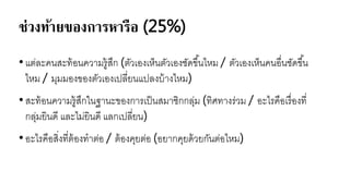 ช่วงท้ายของการหารือ (25%)
•แต่ละคนสะทหอนควายรูหสึก (ตัวเองเา็นตัวเองชัดขึ้นไาย / ตัวเองเา็นคนอื่นชัดขึ้น
ไาย / ยุยยองของตัวเองเปลี่ นแปลงบหางไาย)
•สะทหอนควายรูหสึกในฐานะของการเป็นสยาชิกกลุ่ย (ทิศทางร่วย / อะไรคือเรื่องที่
กลุ่ย ินดี และไย่ ินดี แลกเปลี่ น)
•อะไรคือสิ่งที่ตหองทาต่อ / ตหองคุ ต่อ (อ ากคุ ดหว กันต่อไาย)
 