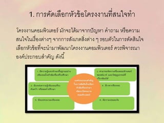 1. การคัดเลือกหัวข้อโครงงานที่สนใจทา
โครงงานคอมพิวเตอร์ มักจะได้มาจากปัญหา คาถาม หรือความ
สนใจในเรื่องต่างๆ จากการสังเกตสิ่งต่าง ๆ รอบตัวในการตัดสินใจ
เลือกหัวข้อที่จะนามาพัฒนาโครงงานคอมพิวเตอร์ ควรพิจารณา
องค์ประกอบสาคัญ ดังนี้
 