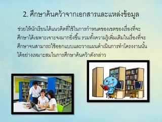 2. ศึกษาค้นคว้าจากเอกสารและแหล่งข้อมูล
ช่วยให้นักเรียนได้แนวคิดที่ใช้ในการกาหนดของเขตของเรื่องที่จะ
ศึกษาได้เฉพาะเจาะจงมากยิ่งขึ้น รวมทั้งความรู้เพิ่มเติมในเรื่องที่จะ
ศึกษาจนสามารถใช้ออกแบบและวางแผนดาเนินการทาโครงงานนั้น
ได้อย่างเหมาะสมในการศึกษาค้นคว้าดังกล่าว
 