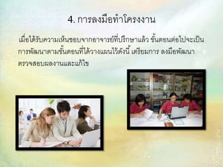 4. การลงมือทาโครงงาน
เมื่อได้รับความเห็นชอบจากอาจารย์ที่ปรึกษาแล้ว ขั้นตอนต่อไปจะเป็น
การพัฒนาตามขั้นตอนที่ได้วางแผนไว้ดังนี้เตรียมการ ลงมือพัฒนา
ตรวจสอบผลงานและแก้ไข
 