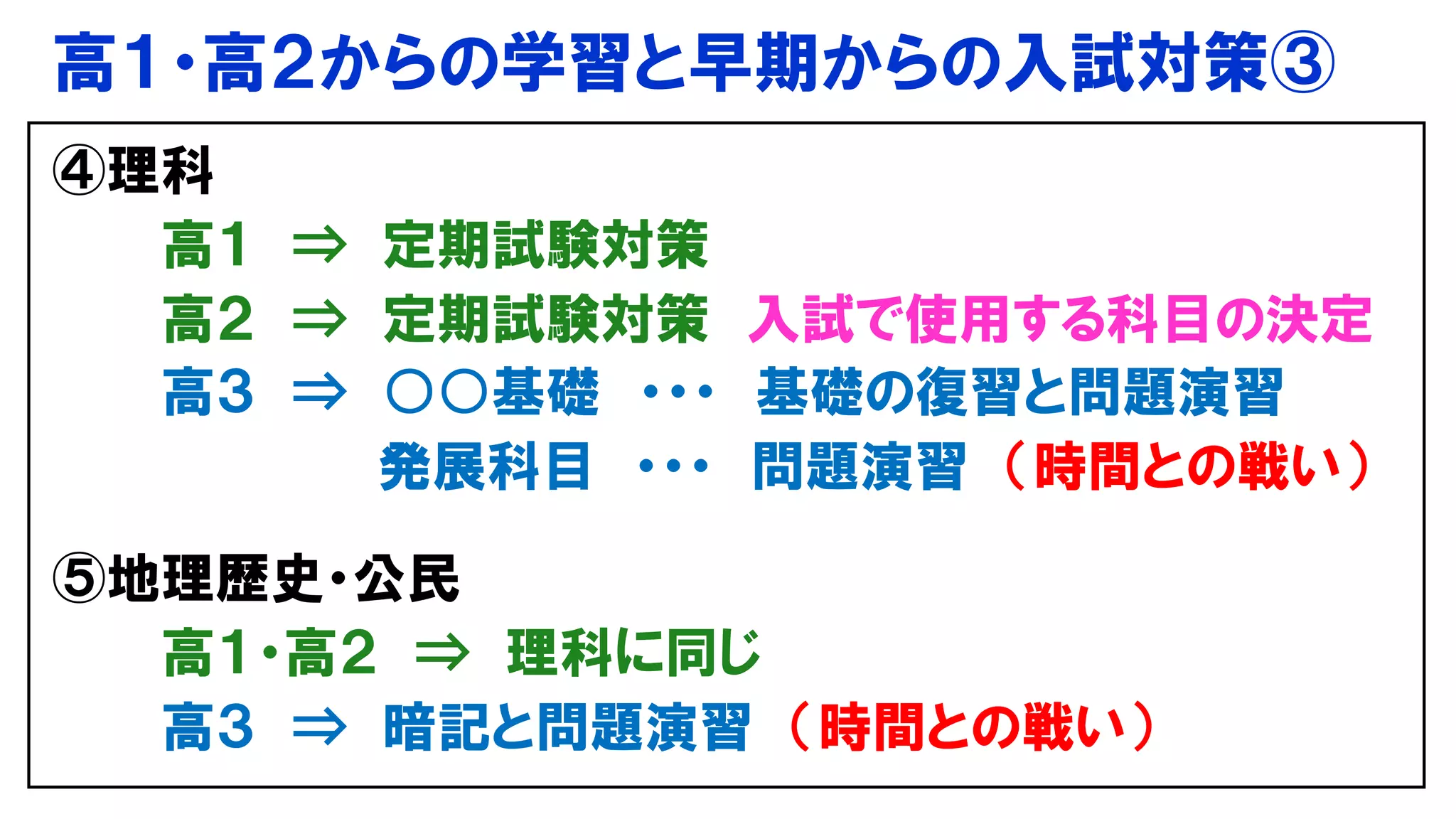 高１・高２からの学習と早期からの入試対策③
④理科
高１ ⇒ 定期試験対策
高２ ⇒ 定期試験対策 入試で使用する科目の決定
高３ ⇒ ○○基礎 ・・・ 基礎の復習と問題演習
発展科目 ・・・ 問題演習 （時間との戦い）
⑤地理歴史・公民
高１・高２ ⇒ 理科に同じ
高３ ⇒ 暗記と問題演習 （時間との戦い）
 