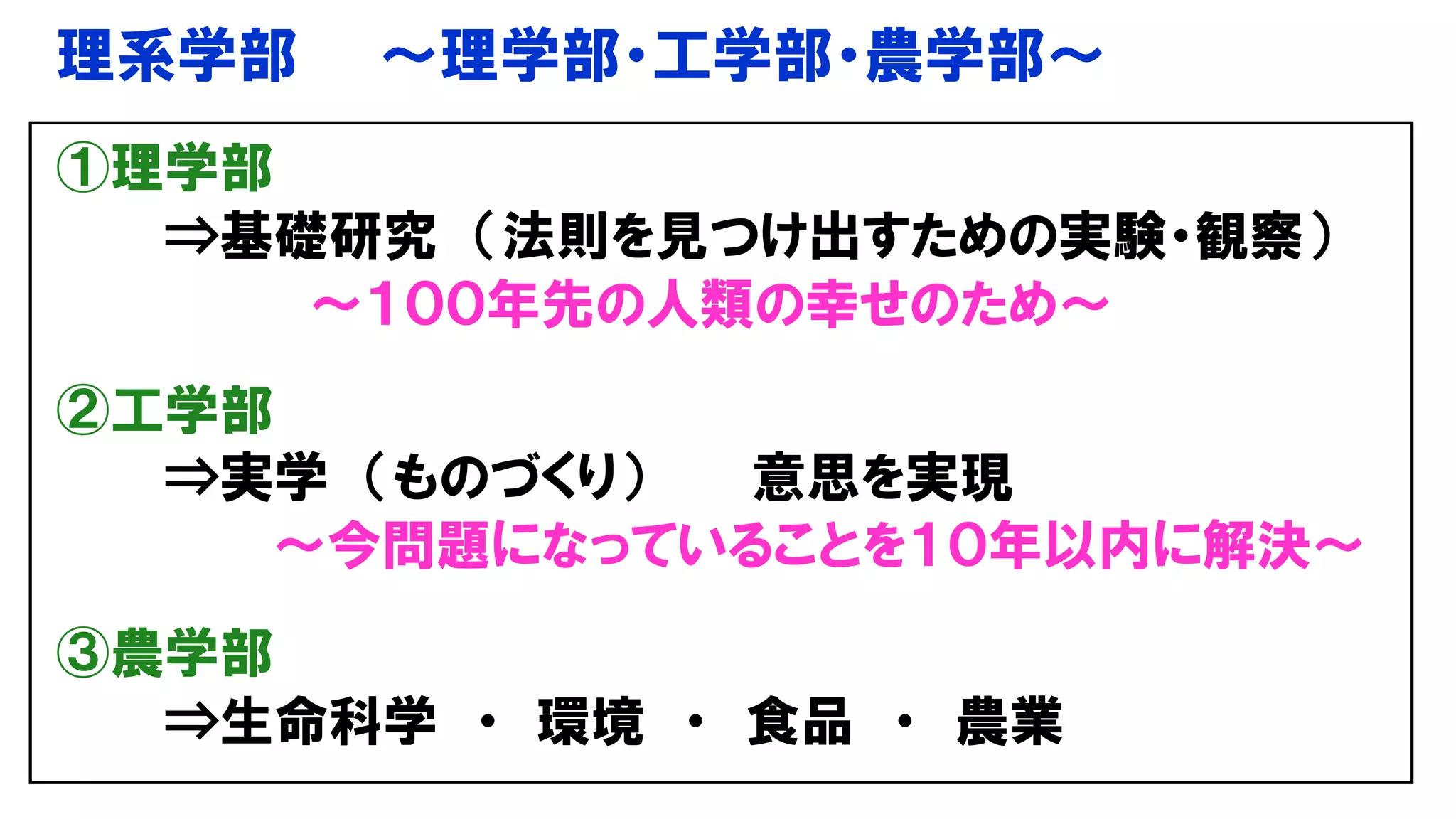 理系学部 ～理学部・工学部・農学部～
①理学部
⇒基礎研究 （法則を見つけ出すための実験・観察）
～１００年先の人類の幸せのため～
②工学部
⇒実学 （ものづくり） 意思を実現
～今問題になっていることを１０年以内に解決～
③農学部
⇒生命科学 ・ 環境 ・ 食品 ・ 農業
 