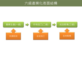六級產業化表面結構
農業生產(一級) 作物加工(二級) 成品販售(三級)
在地加工 在地販售利潤回流
 