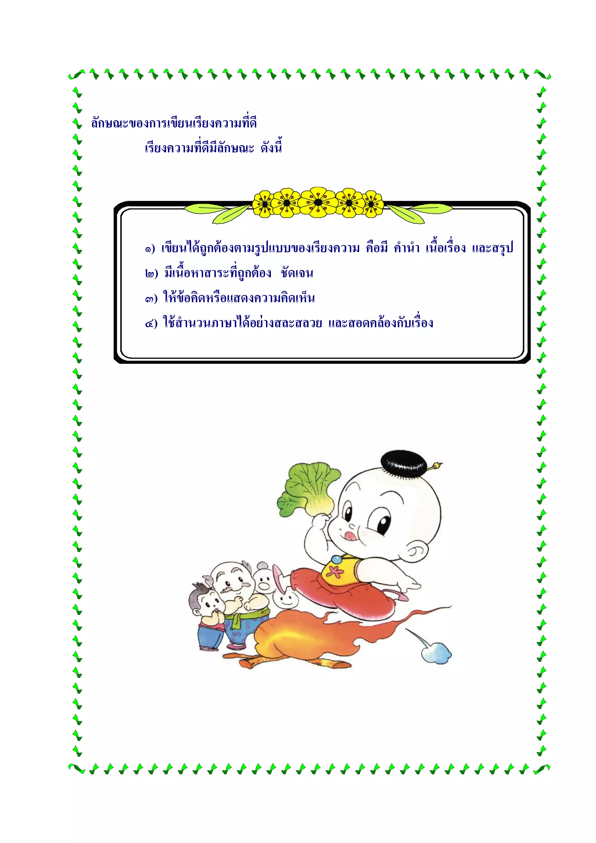 ลักษณะของการเขียนเรียงความที่ดี
เรียงความที่ดีมีลักษณะ ดังนี้
๑) เขียนได้ถูกต้องตามรูปแบบของเรียงความ คือมี คานา เนื้อเรื่อง และสรุป
๒) มีเนื้อหาสาระที่ถูกต้อง ชัดเจน
๓) ให้ข้อคิดหรือแสดงความคิดเห็น
๔) ใช้สานวนภาษาได้อย่างสละสลวย และสอดคล้องกับเรื่อง
 