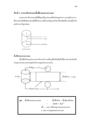 109
เรื่องที่ 2 การหาปริมาตรและพื้นที่ผิวของทรงกระบอก
ทรงกระบอก คือ ทรงสามมิติที่มีฐานเปนรูปวงกลมที่เทากันทุกประการ และอยูในระนาบ
ที่ขนานกัน ซึ่งเมื่อตัดทรงสามมิตินี้ดวยระนาบที่ขนานกับฐานแลวจะไดรอยตัดเปนวงกลมที่เทากัน
ทุกประการกับฐานเสมอ
พื้นที่ผิวของทรงกระบอก
เมื่อคลี่ผิวขางของทรงกระบอกใดๆ พบวา จะเปนรูปสี่เหลี่ยมผืนผาที่มีความยาวเทากับเสน
รอบฐานวงกลม และสวนสูงเทากับความสูงของทรงกระบอก
สูตร พื้นที่ผิวของทรงกระบอก = พื้นที่ผิวขาง + พื้นที่ฐานทั้งสอง
= 2
22 rrh ππ +
เมื่อ r แทน รัศมีของฐานของทรงกระบอก
h แทน ความสูงของทรงกระบอก
 