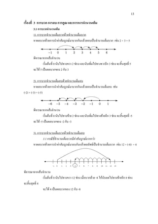 13
เรื่องที่ 3 การบวก การลบ การคูณ และการหารจํานวนเต็ม
3.1 การบวกจํานวนเต็ม
หาผลบวกดวยการนําคาสัมบูรณมาบวกกันแลวตอบเปนจํานวนเต็มบวก เชน 2 + 3 = 5
1). การบวกจํานวนเต็มบวกดวยจํานวนเต็มบวก
พิจารณาจากเสนจํานวน
เริ่มตนที่ 0 นับไปทางขวา 2 ชอง และนับเพิ่มไปทางขวาอีก 3 ชอง จะสิ้นสุดที่ 5
จะได 5 เปนผลบวกของ 2 กับ 3
หาผลบวกดวยการนําคาสัมบูรณมาบวกกันแลวตอบเปนจํานวนเต็มลบ เชน
(-2) + (-3) = (-5)
2). การบวกจํานวนเต็มลบดวยจํานวนเต็มลบ
พิจารณาจากเสนจํานวน
เริ่มตนที่ 0 นับไปทางซาย 2 ชอง และนับเพิ่มไปทางซายอีก 3 ชอง จะสิ้นสุดที่ -5
จะได -5 เปนผลบวกของ -2 กับ -3
3.1 กรณีที่จํานวนเต็มบวกมีคาสัมบูรณมากกวา
3). การบวกจํานวนเต็มบวกดวยจํานวนเต็มลบ
หาผลบวกดวยการนําคาสัมบูรณมาลบกันแลวผลลัพธเปนจํานวนเต็มบวก เชน 12 + (-8) = 4
พิจารณาจากเสนจํานวน
เริ่มตนที่ 0 นับไปทางขวา 12 ชอง เมื่อบวกดวย -8 ใหนับลดไปทางซายอีก 8 ชอง
จะสิ้นสุดที่ 4
จะได 4 เปนผลบวกของ 12 กับ -8
 