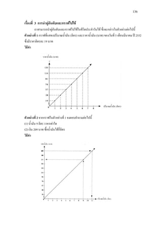 136
เรื่องที่ 3 การนําคูอันดับและกราฟไปใช
เราสามารถนําคูอันดับและกราฟไปใชในชีวิตประจําวันได ซึ่งจะกลาวในตัวอยางตอไปนี้
ตัวอยางที่ 1 กราฟที่แสดงปริมาณน้ํามัน (ลิตร) และราคาน้ํามัน (บาท) ของวันที่ 5 เดือนมีนาคม ป 2552
ซึ่งมีราคาลิตรละ 19 บาท
วิธีทํา
ตัวอยางที่ 2 จากกราฟในตัวอยางที่ 1 จงตอบคําถามตอไปนี้
(1) น้ํามัน 9 ลิตร ราคาเทาใด
(2) เงิน 209 บาท ซื้อน้ํามันไดกี่ลิตร
วิธีทํา
ราคาน้ํามัน (บาท)
ปริมาณน้ํามัน (ลิตร)
 